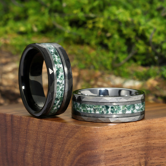 Hammered Moss Agate Tungsten Couple Rings His And Hers Unisex Wedding Bands