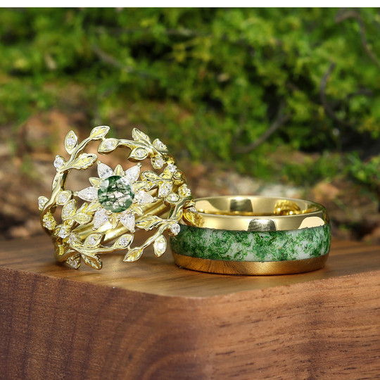 Artsy Olive Branch Moss Agate Nest Engagement Couple Rings Set Green Yellow Matching Promise Wedding Bands