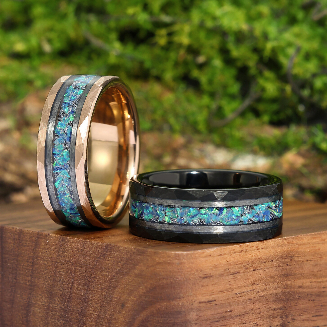 Azure Blue Opal Tungsten Wedding Band Couple Rings Set Anniversary Marriage Bands