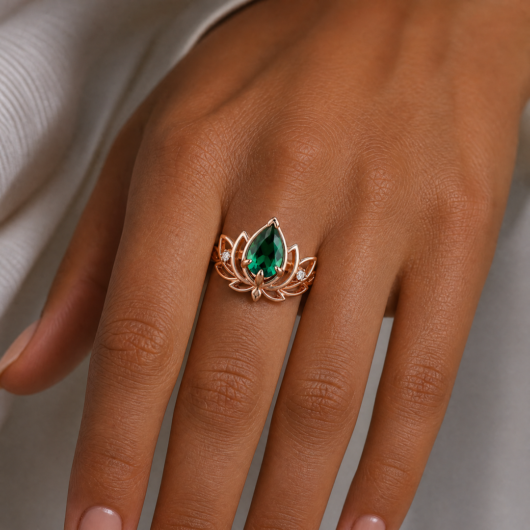 Pear Cut Lab Grown Emerald Lotus Leaf Engagement Ring, 18K Solid Gold