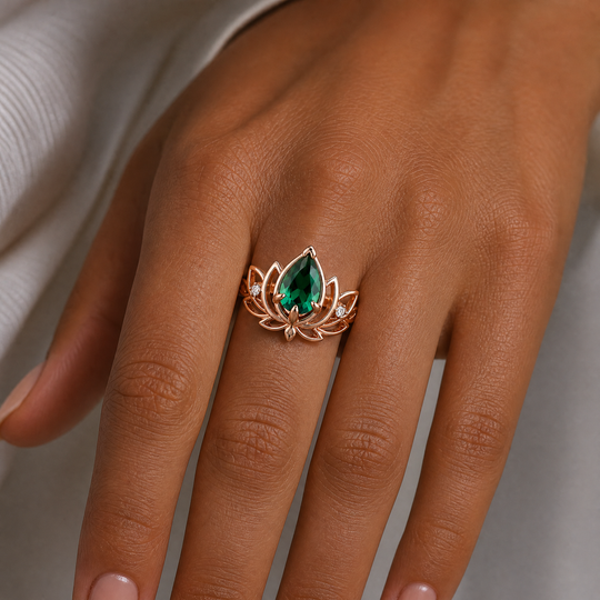 Pear Cut Lab Grown Emerald Lotus Leaf Engagement Ring, 18K Solid Gold