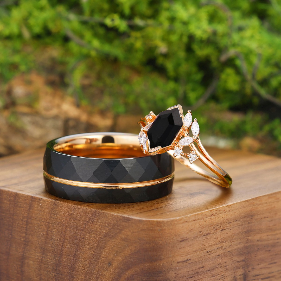 Exquisite Natural Black Onyx Cluster Engagement Couple Rings