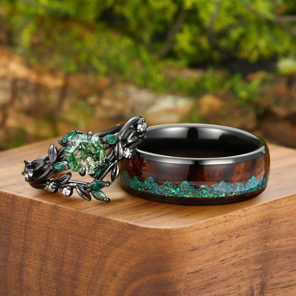 Moss Agate Sprigs Engagement Couple Rings Promise Green Tungsten