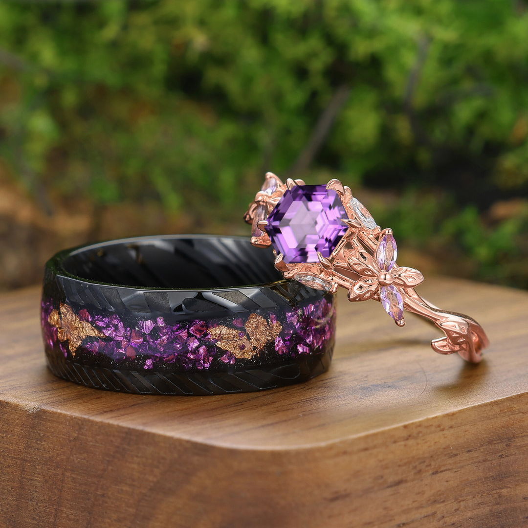 Personalized Hexagon Cut Natural Amethyst Couple Rings Leaf Inspired Rings For Him And Her