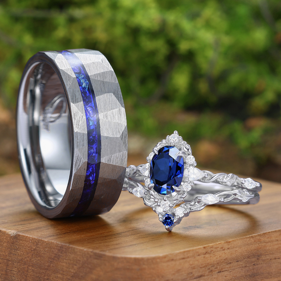 Baroque-inspired Sapphire Filigreed Couple Ring Set Blue His And Hers Matching Rings