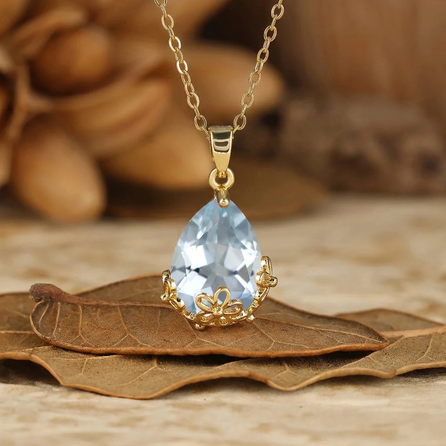 Floral Crown Basisinstelling Peren Geslepen Aquamarijn Hanger Ketting Vintage Dames Gouden Ketting