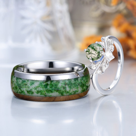 Brillante foglia stile Anello da coppia in Agata muschiata naturale Set Anelli in Argento Sterling e Tungsteno abbinati