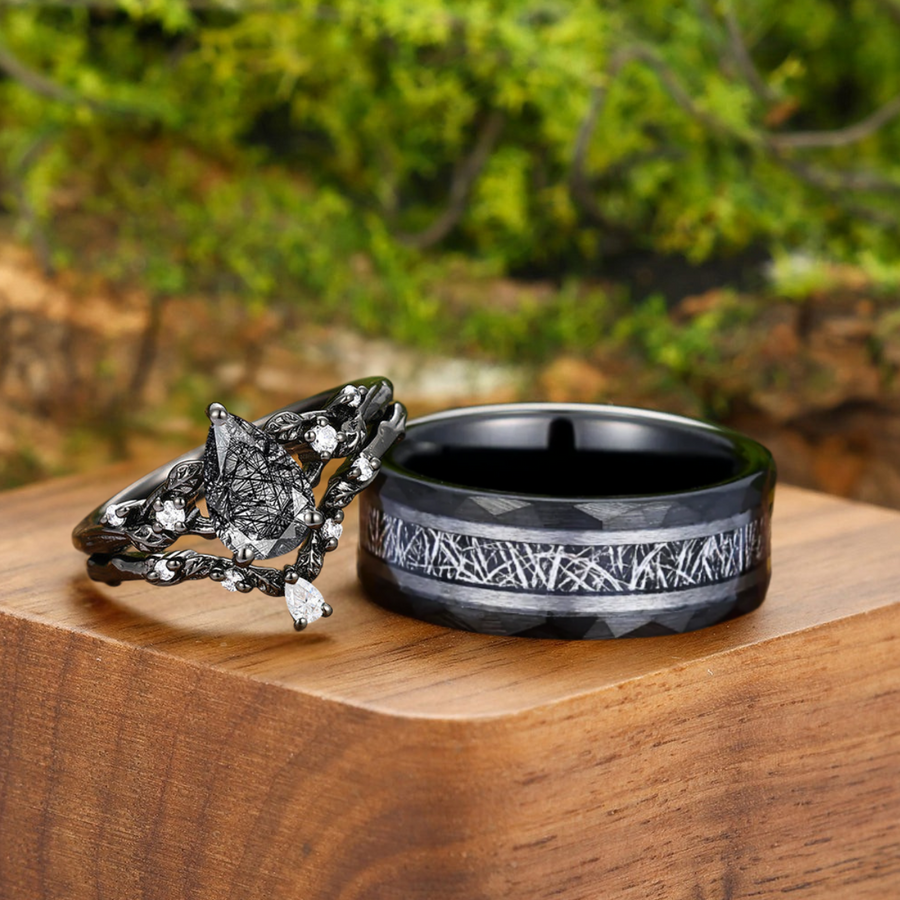 Stylish Black Rutilated Quartz Leaves Engagement Couple Rings Set Unique Tungsten Matching Promise Rings -  Esdomera.com