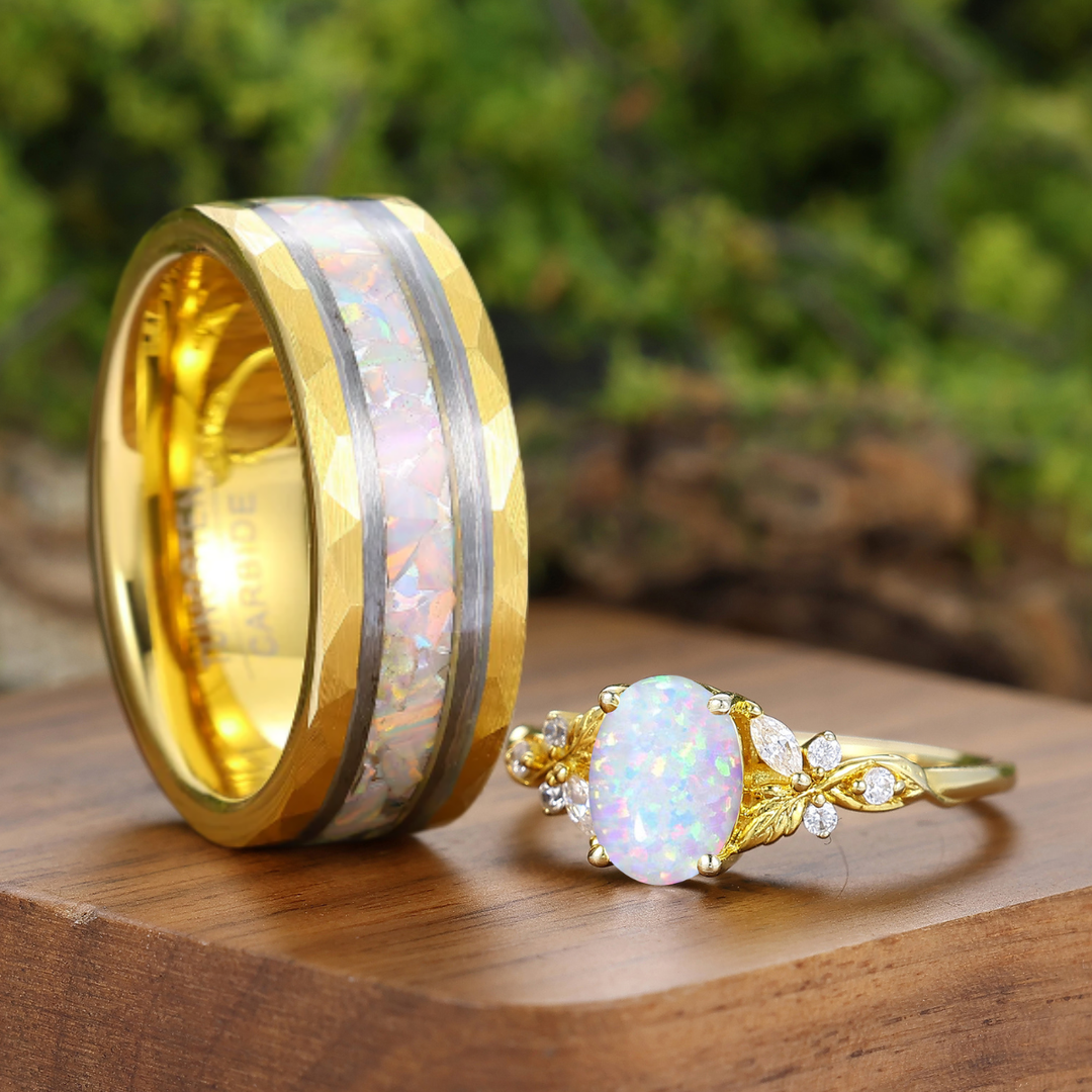 Anillos de pareja grabados con flores de ópalo blanco rosado Anillo de plata para ella Anillo de tungsteno para él