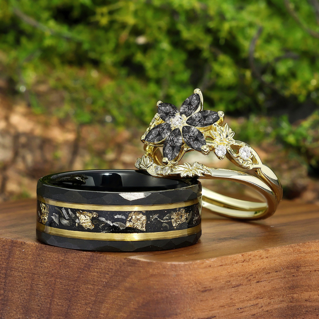 Dainty Floral Shaped Black Rutilated Quartz Engagement Rings For Couples His And Hers Wedding Rings