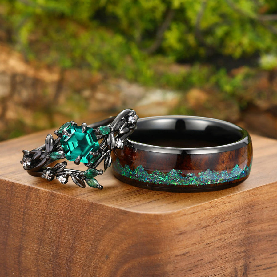 Unique Emerald Leaf Engagement Rings Set For Couples Personalized Green And Black Couples' Set -  Esdomera.com