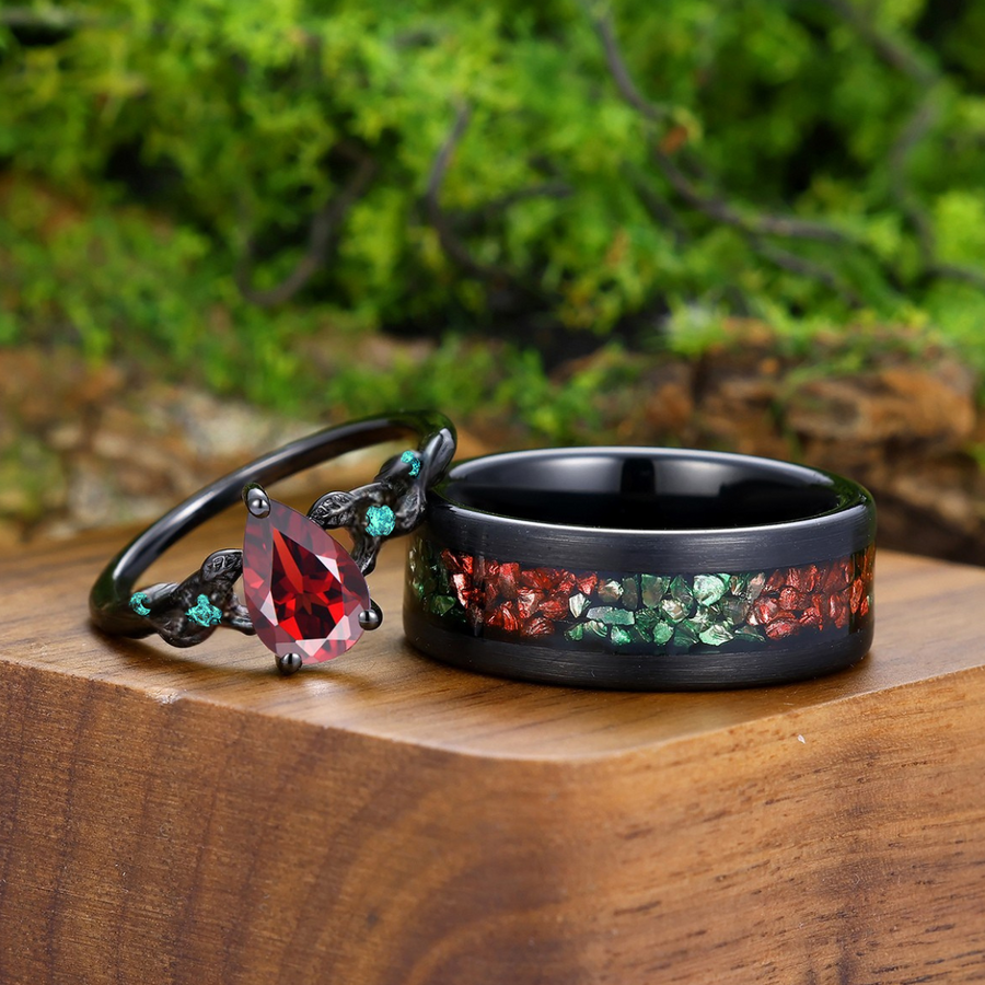 Stylish Red Garnet Curved Branch Design Engagement Rings For Couples Black Plated Emerald Inlay His and Hers Set -  Esdomera.com