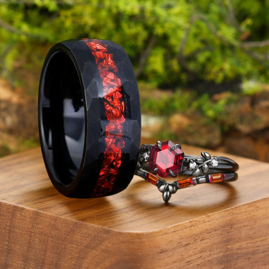 Conjunto de anillos para pareja con piedra de nacimiento de enero, granate rojo, anillos a juego de granate en plata de ley y tungsteno