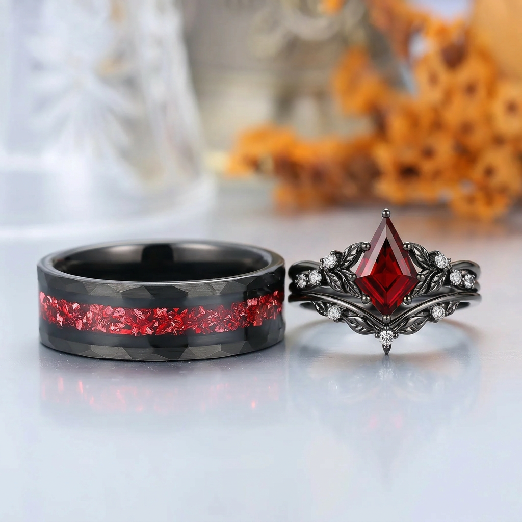 Leaf-inspired Kite Cut Red Garnet Couple Ring Set Unique Black Plated Ring Set