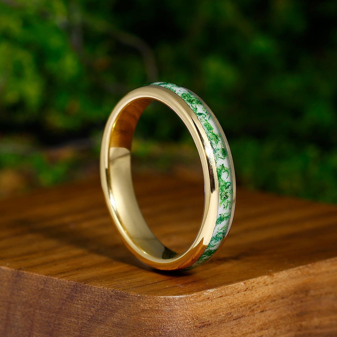 Green Moss Agate Wedding Ring Yellow Gold Tungsten Polished Dome Ring Anniversary Gift For Him