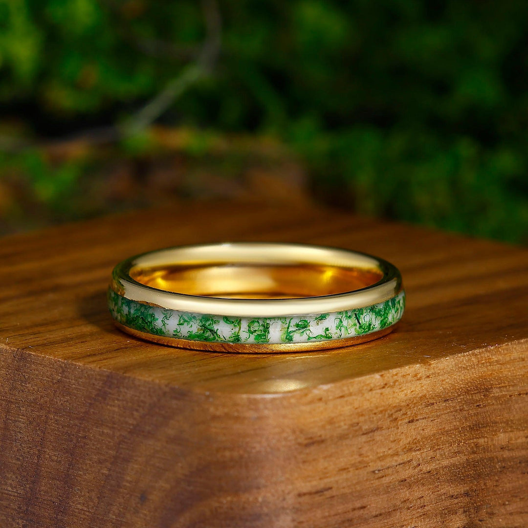 Green Moss Agate Wedding Ring Yellow Gold Tungsten Polished Dome Ring Anniversary Gift For Him