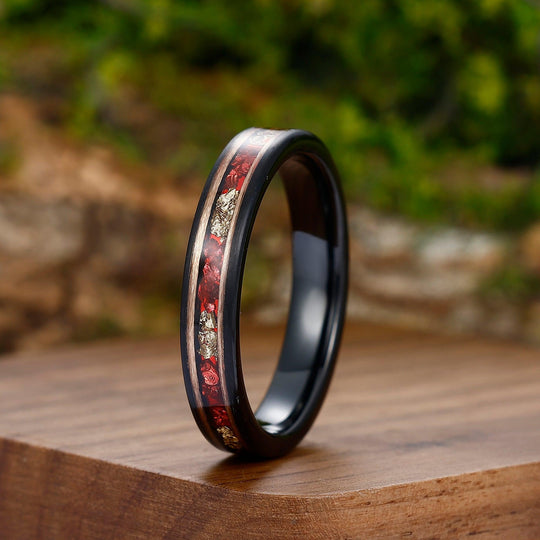 Ruby Gold Foil Tungsten Wedding Ring 8mm Black and Rose Gold Men’ s Unisex Ring