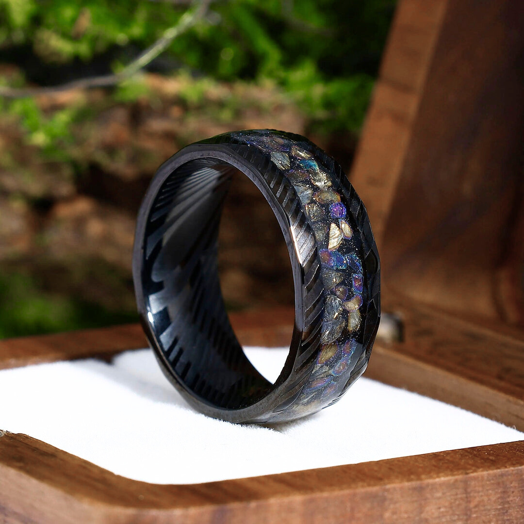 Colorful Opal 8mm  Damascus Steel Wedding Band Unique Men's Ring