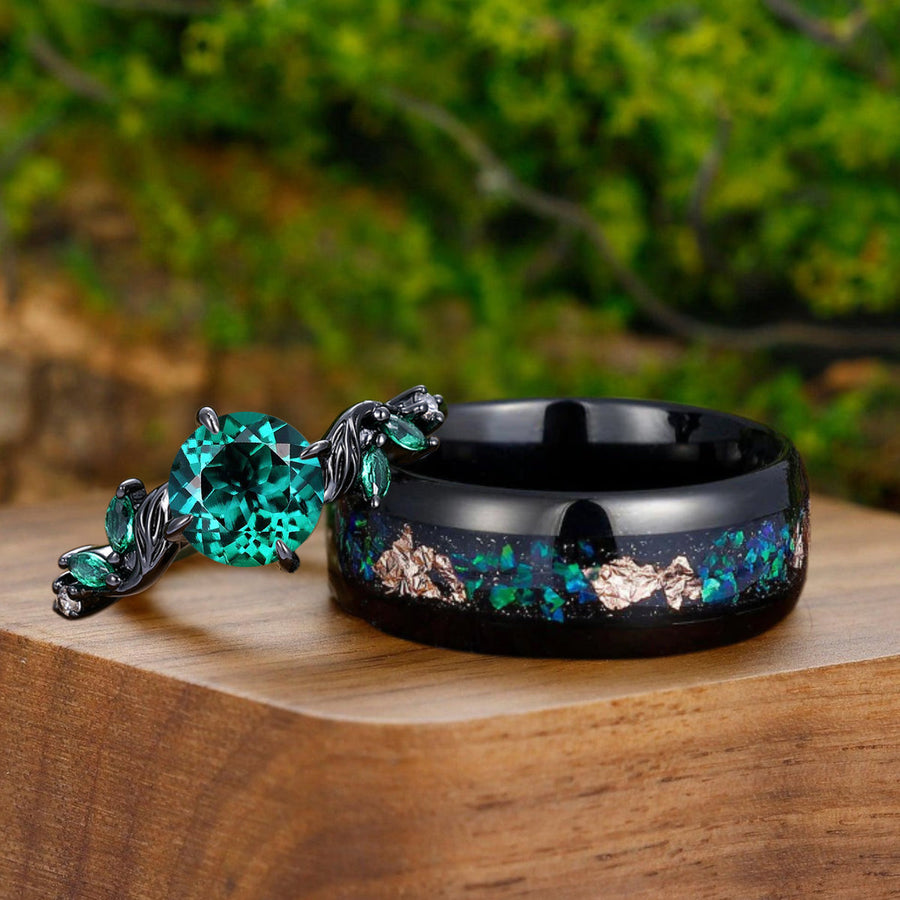 Alternative Round Emerald Branches Engagement Couple Rings Matching Green Tungsten Wedding Ring -  Esdomera.com