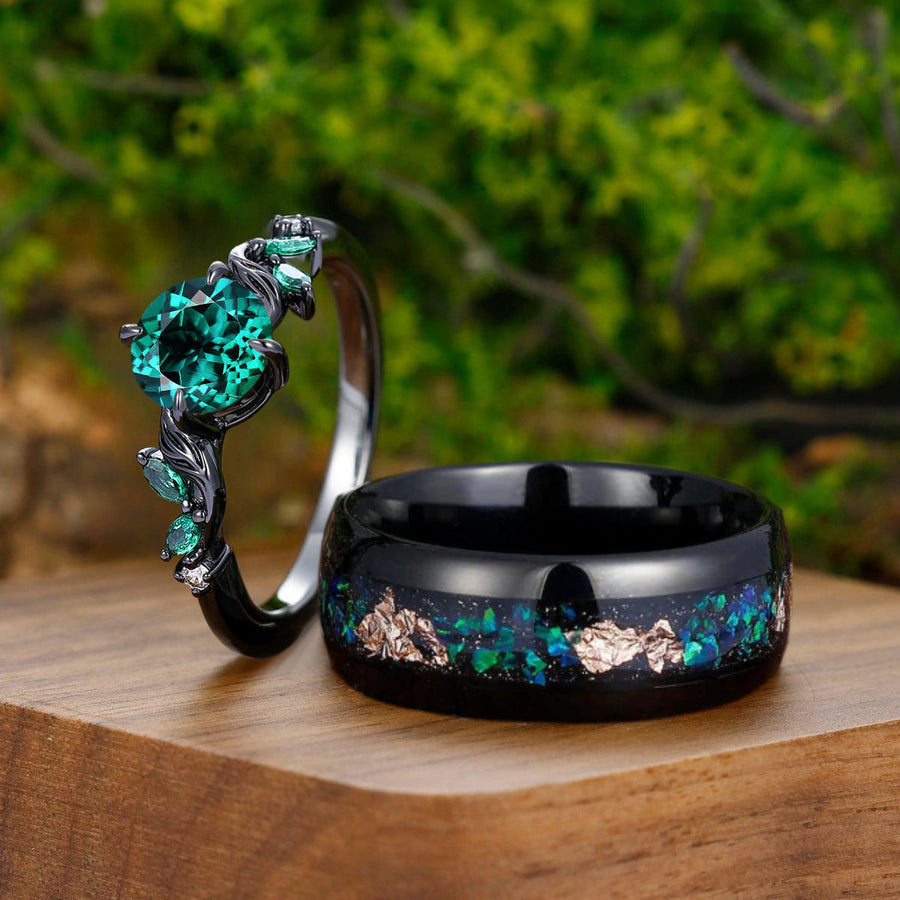 Alternative Round Emerald Branches Engagement Couple Rings Matching Green Tungsten Wedding Ring -  Esdomera.com