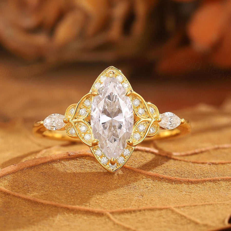 Vintage Floral Design Marquise Moissanite Engagement Ring Yellow Gold Bridal Ring For Women