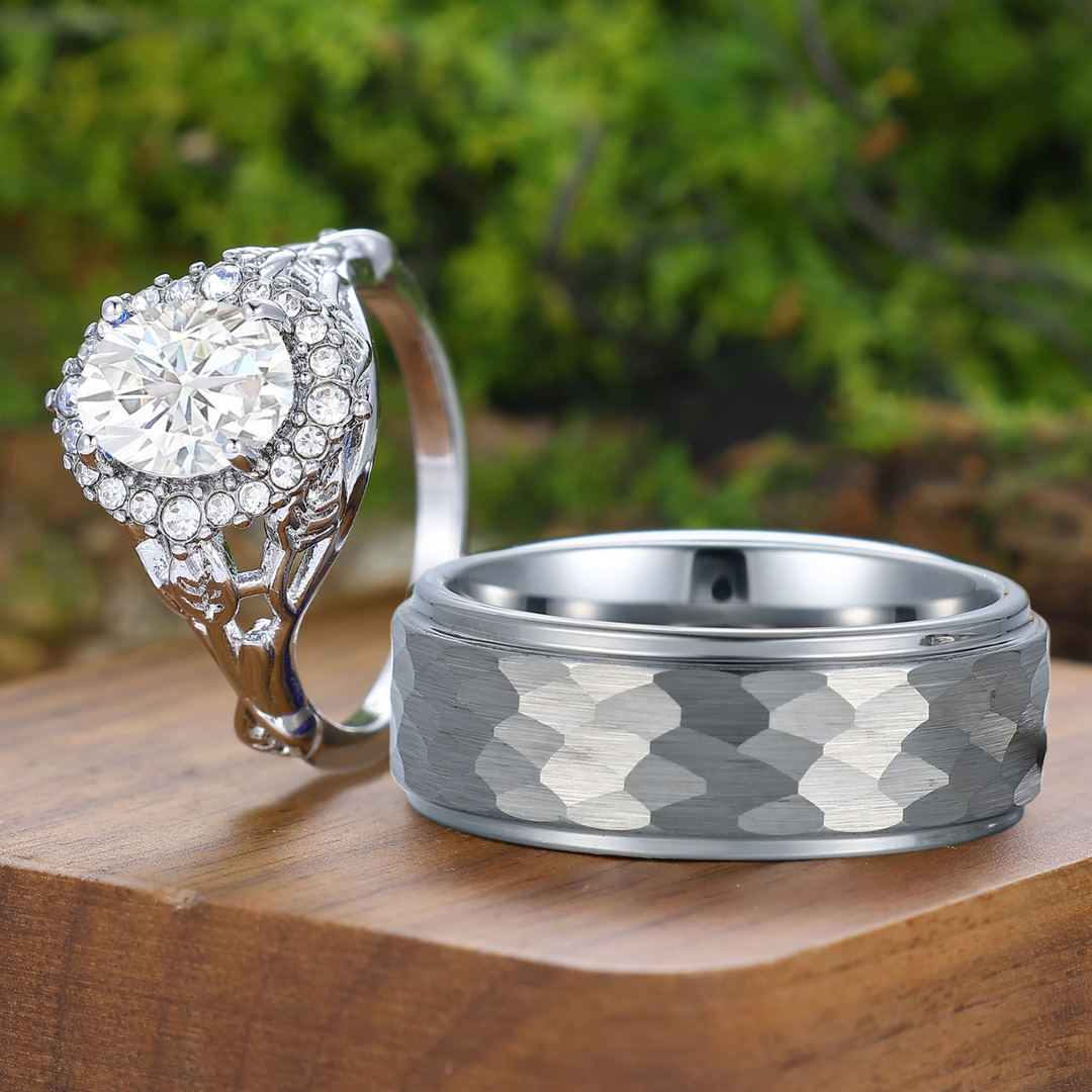 Leaf Floral Style Oval Moissanite Couple Rings S925 And Hammered Tungsten Ring Set