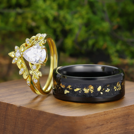 Natural Inspirado Juego de Anillos de Pareja en Forma de Pera con Moissanita Grabado de Hoja Para Él y Para Ella