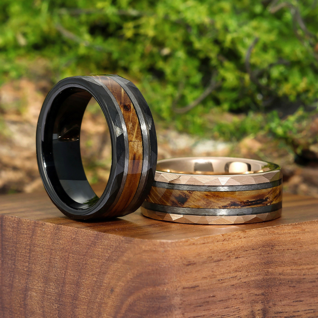 Unique Hammered Wide Wood Tungsten Wedding Bands Promise Couple Rings Set