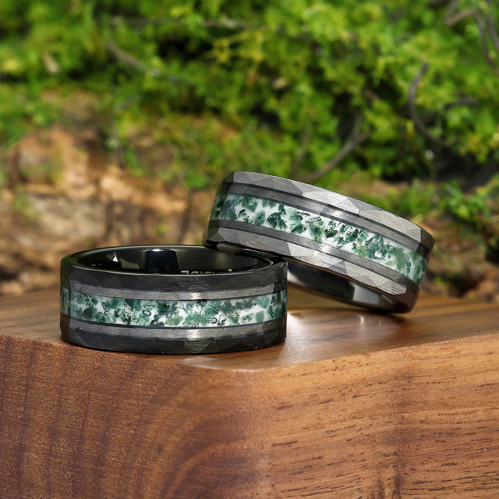 Hammered Moss Agate Tungsten Couple Rings His And Hers Unisex Wedding Bands