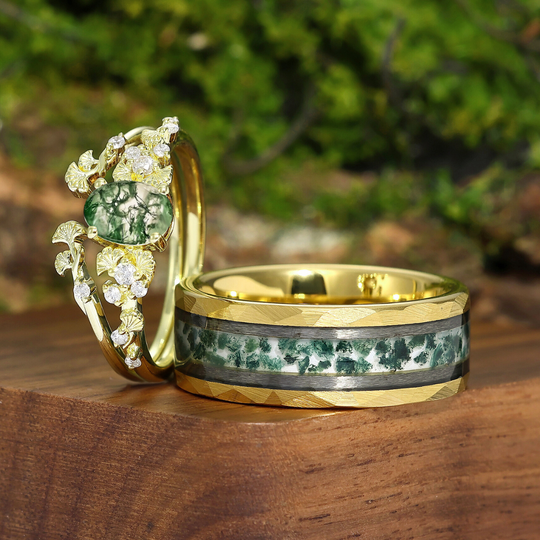 Dainty Ginkgo Moss Agate Engagement Couples Rings Yellow Green Promise Wedding Bands For Women And Mens