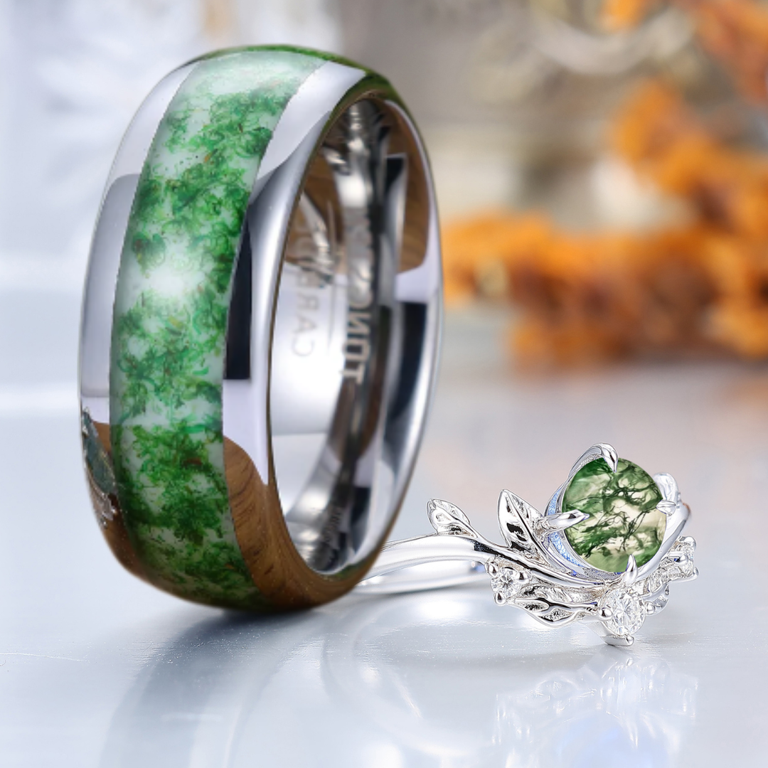 Brillante foglia stile Anello da coppia in Agata muschiata naturale Set Anelli in Argento Sterling e Tungsteno abbinati