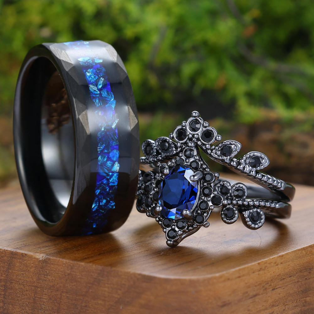 Vintage Floral Style Oval Sapphire Couple Rings Milgrained Black Plated His And Hers Rings