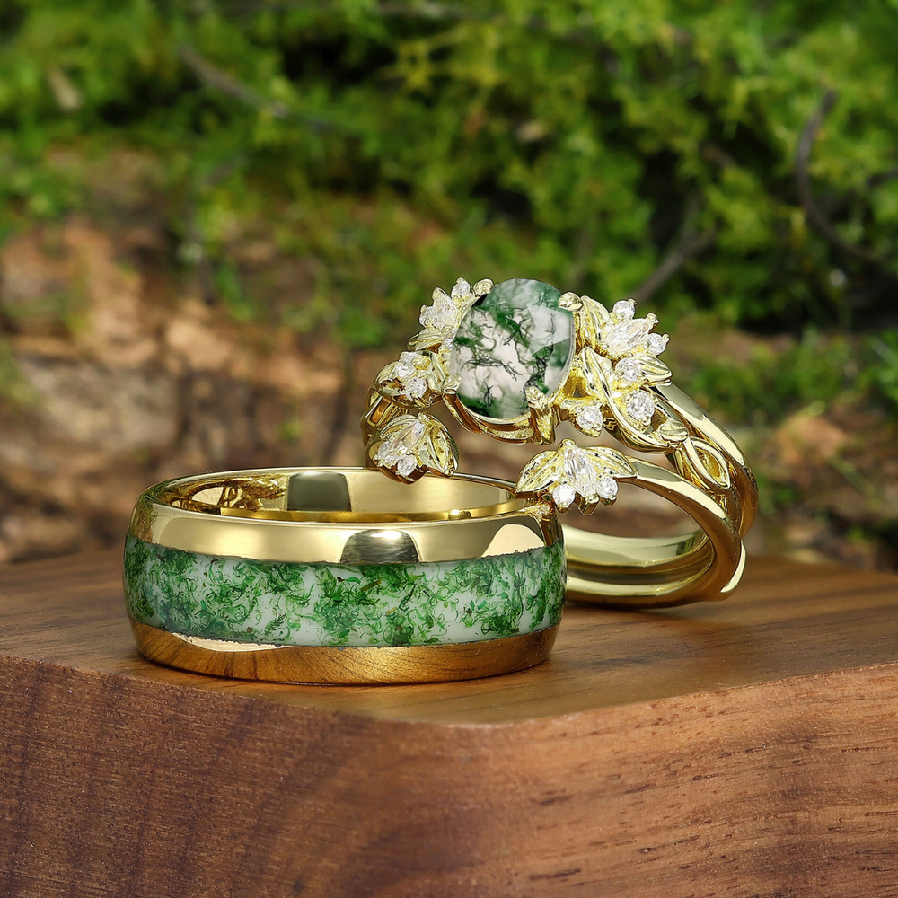 Floral Cluster Moss Agate Leaf Engagement Couple Rings Set Green Yellow Promise His And Hers Wedding Bands