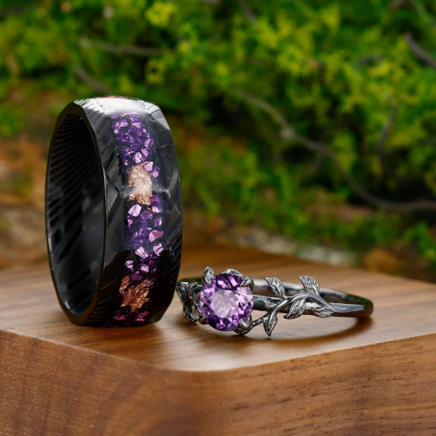 Art Deco Natural Amethyst Sprig Engagement Couple Rings Modern Damascus Steel Anniversary Wedding Band -  Esdomera.com