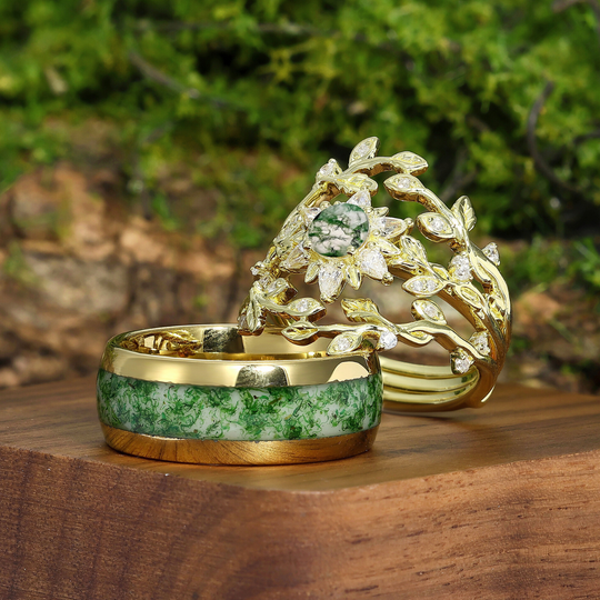 Artsy Olive Branch Moss Agate Nest Engagement Couple Rings Set Green Yellow Matching Promise Wedding Bands