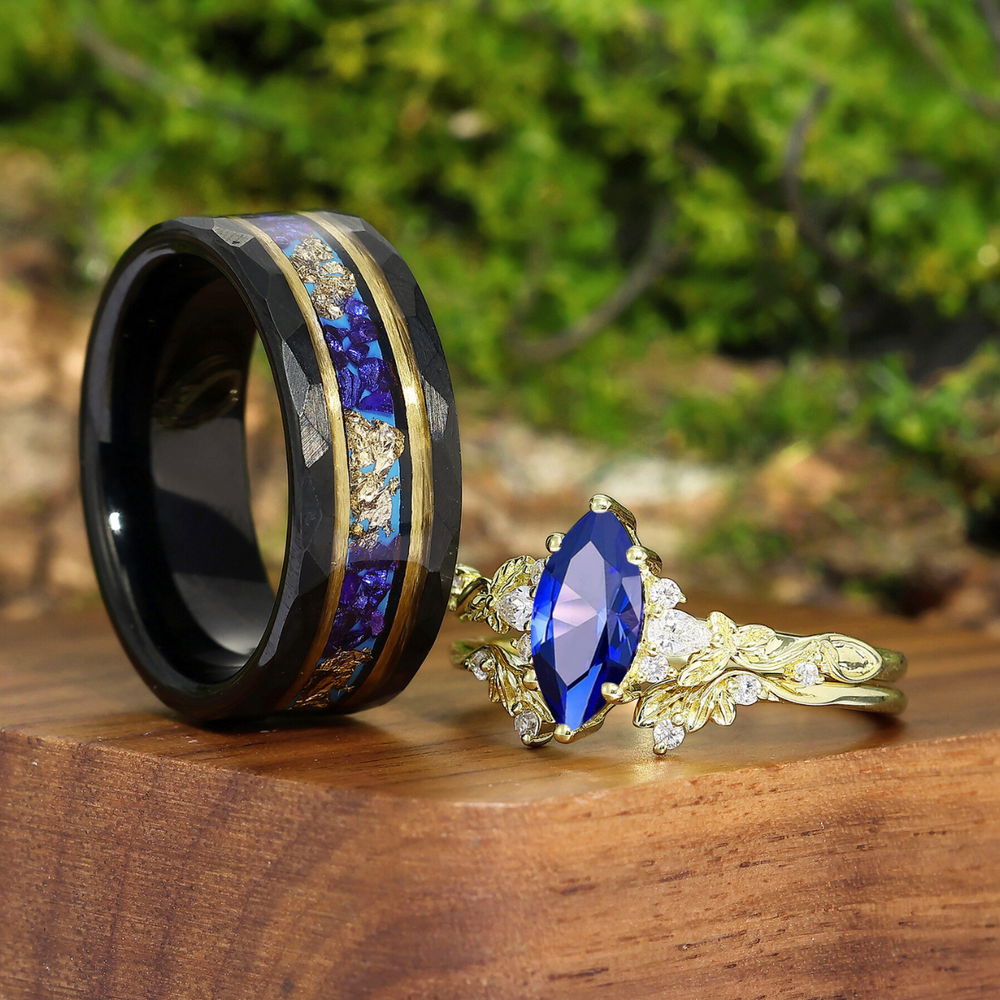 Unique Branch Sapphire Engagement Couple Rings Set Promise Blue Tungsten Marriage Ring Set