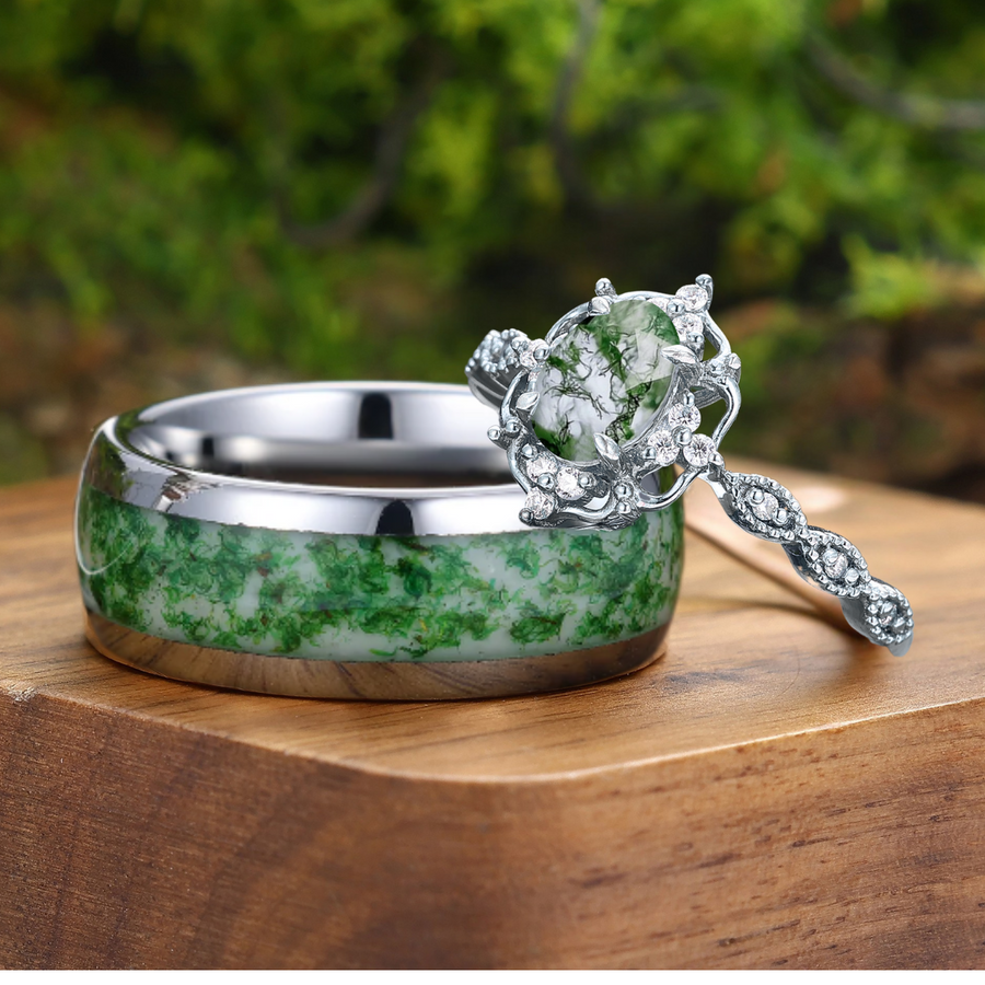 Brillante anillo de pareja de ágata musgo verde con milgrain, conjunto de anillos a juego verde y blanco