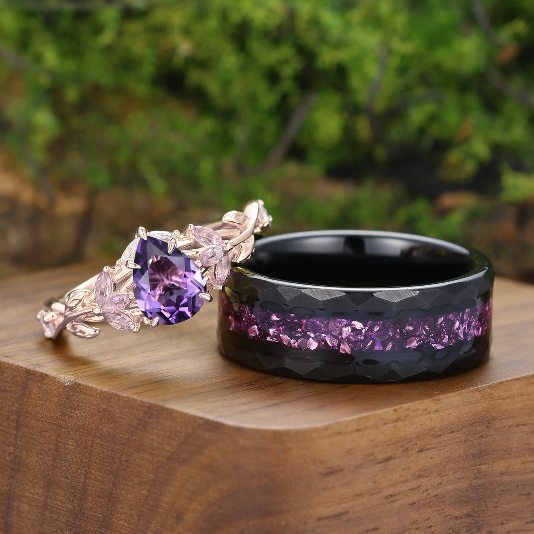 Fede Nuziale Coppia in Ametista Viola Naturale Ispirata alla Foglia 2 pezzi per Uomo e Donna