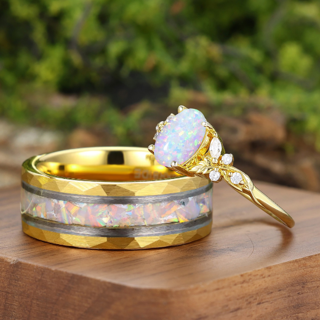 Anillos de pareja grabados con flores de ópalo blanco rosado Anillo de plata para ella Anillo de tungsteno para él