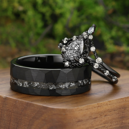 Ensemble de bagues pour couple en quartz rutile noir délicat avec filigrane milgrain Bagues uniques pour couple noir