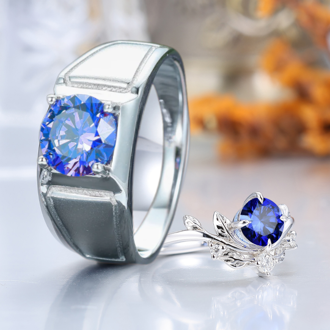 Noble Round Sapphire Leaves Couples Ring Set Sterling Silver Matching Rings
