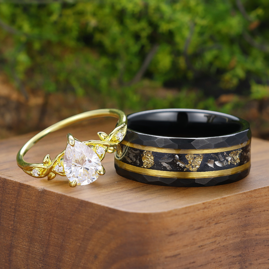 Bague de couple inspirée d'une feuille en moissanite taille poire, plaquée or jaune, ensemble de bagues pour lui et elle