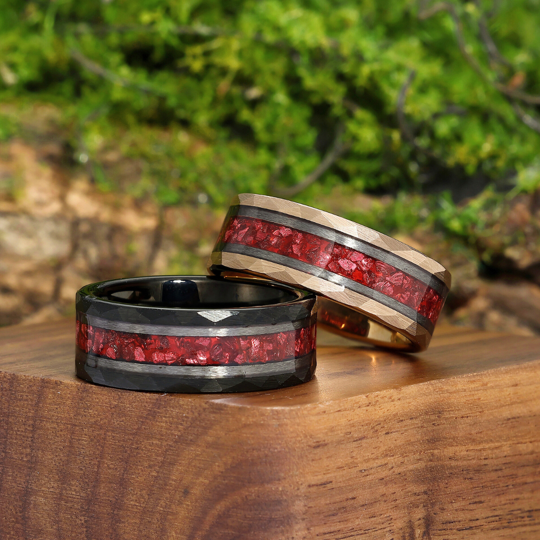 Personalized Red Ruby Tungsten Couple Rings Unisex 8mm Hammered Wedding Rings