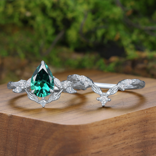 Exquisite Emerald Leaf Branch Couple Ring Set 3pcs Green His And Hers Rings Matching Ring For Women