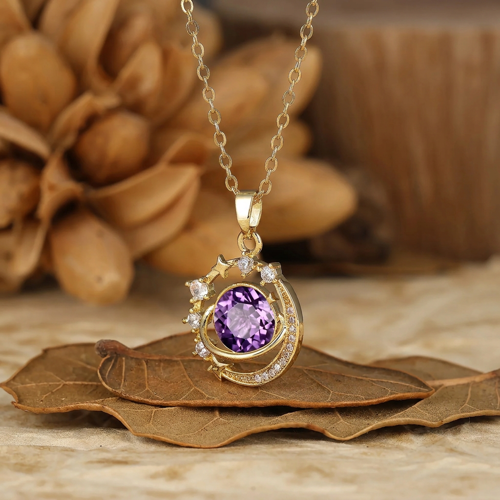925 Argento Collana con Ciondolo Rotondo Sottile con Acquamarina, Luna e Stelle, Collana in Oro 14K