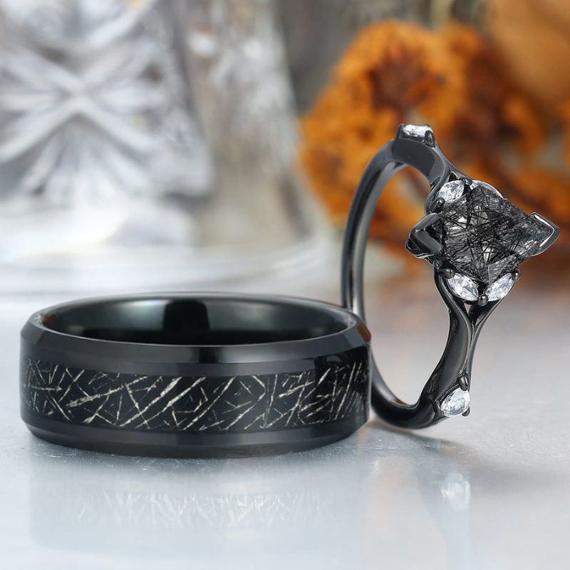 Anelli Coppia in Quarzo Rutilato Nero Taglio Rombo 925 Argento