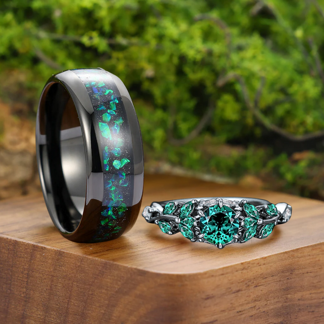 Round Cut Emerald Engagement Couples Ring Set And Peacock Opal Tungsten Matching Ring His and Hers Wedding Ring Set