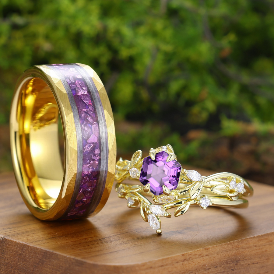 Organic Leaf Engraved Natural Amethyst Couple Ring Set Floral Inspired Rings For Him And Her