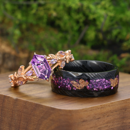 Gekrulde wijnrank ringen met natuurlijke amethist paarse bijpassende ringenset voor hem en haar