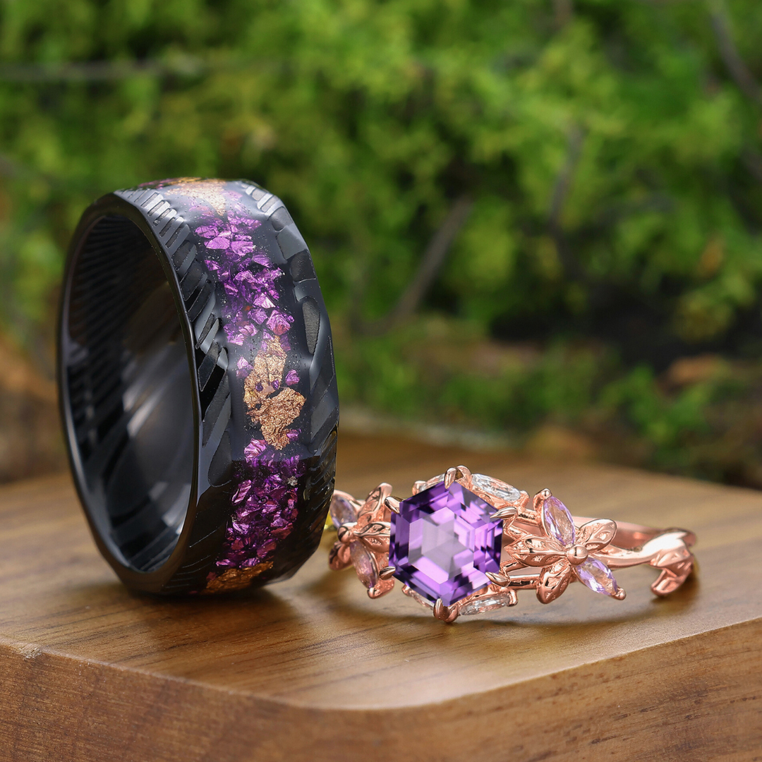 Personalized Hexagon Cut Natural Amethyst Couple Rings Leaf Inspired Rings For Him And Her